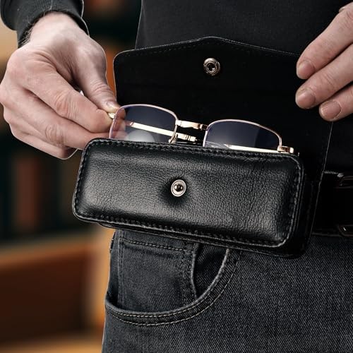 Small Folding Presbyopia Glasses Case, Cowhide Leather Folding Black (Medium)