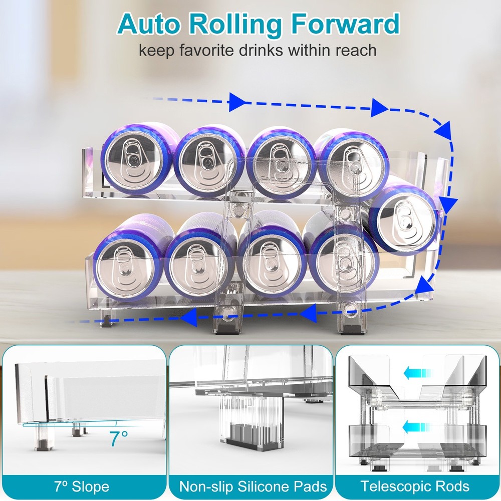 2 Pack Adjustable Soda Can Dispenser Storage Rack Refrigerator Fridge Organizer