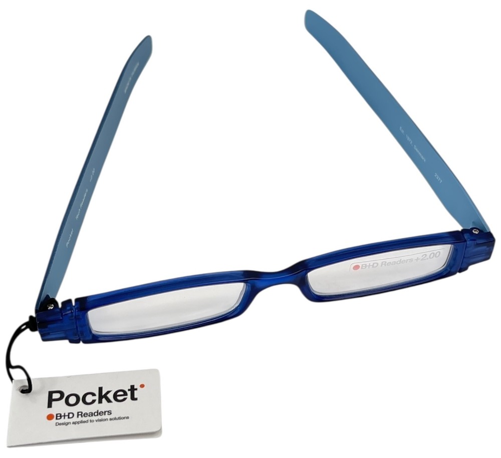 B+D Pocket Tech Readers +2.00 Reading Glasses Blue Compact Folding with Case NEW