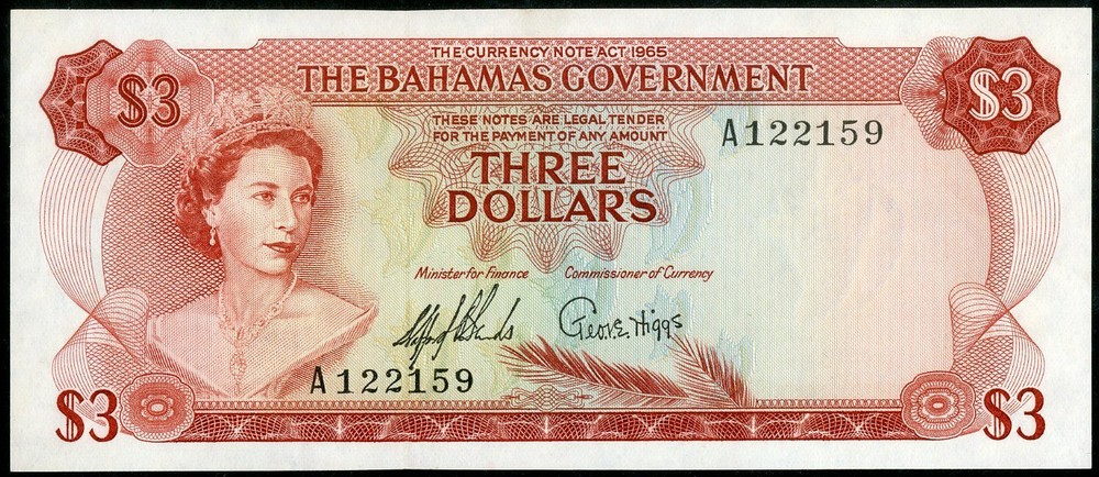 Bahamas Paper Money 1965 Three Dollar Note