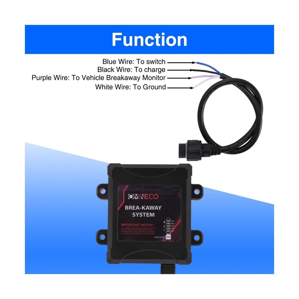 Trailer Breakaway System, Coiled Cable Switch, LED Indicator, 12V Battery Box...