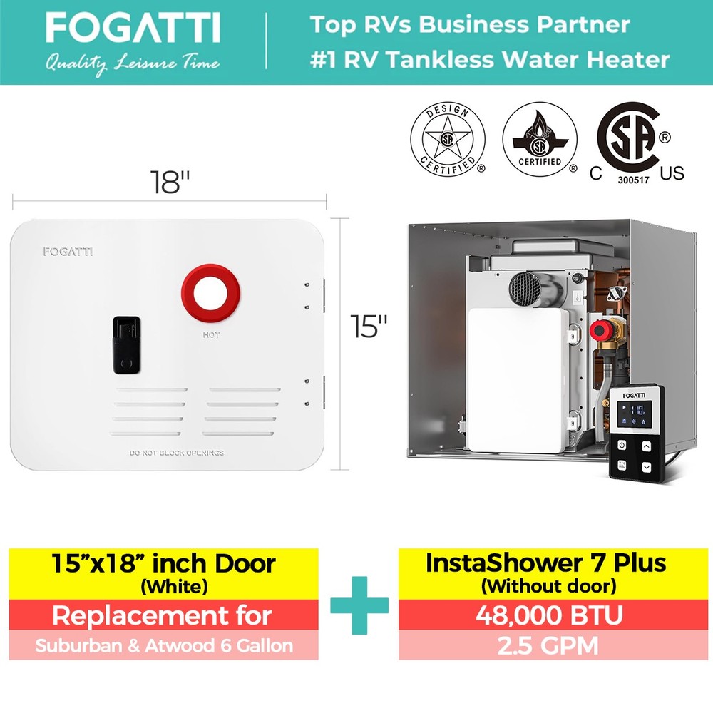 FOGATTI RV Tankless Water Heater 2.5GPM 48000BTU w/ 15*18" White Door + Remote