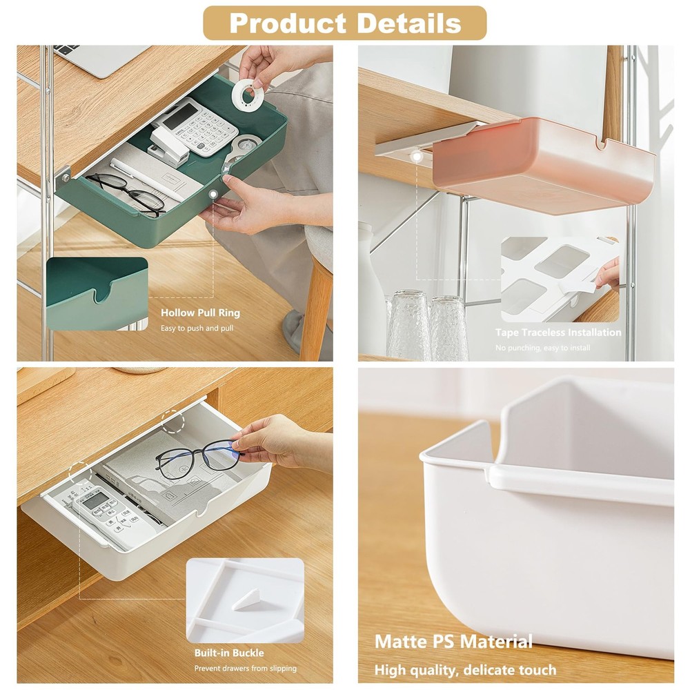 2 Pack Under Desk Drawer, Large & Medium Self-Adhesive Under Desk Organizer, ...
