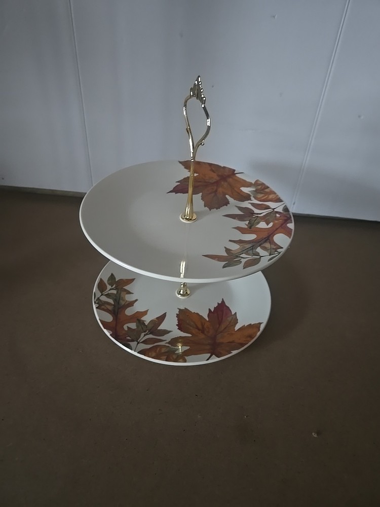 Royal Norfolk 2‑Tier Ceramic Cake Stand – Fall Leaf Pattern, Disassembles