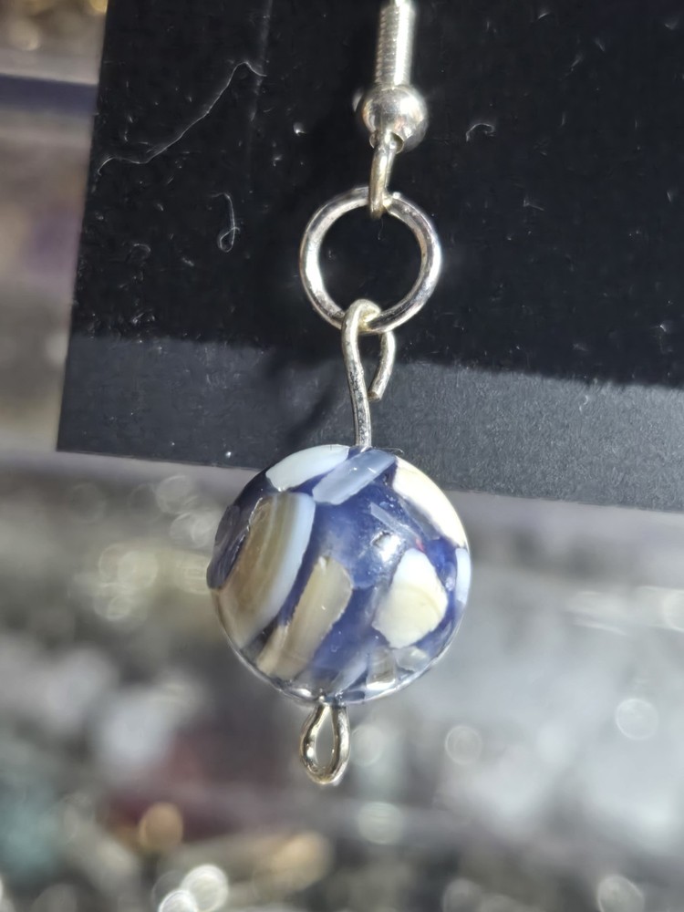 Blue White Glass Bead Dangle Handcrafted Earrings