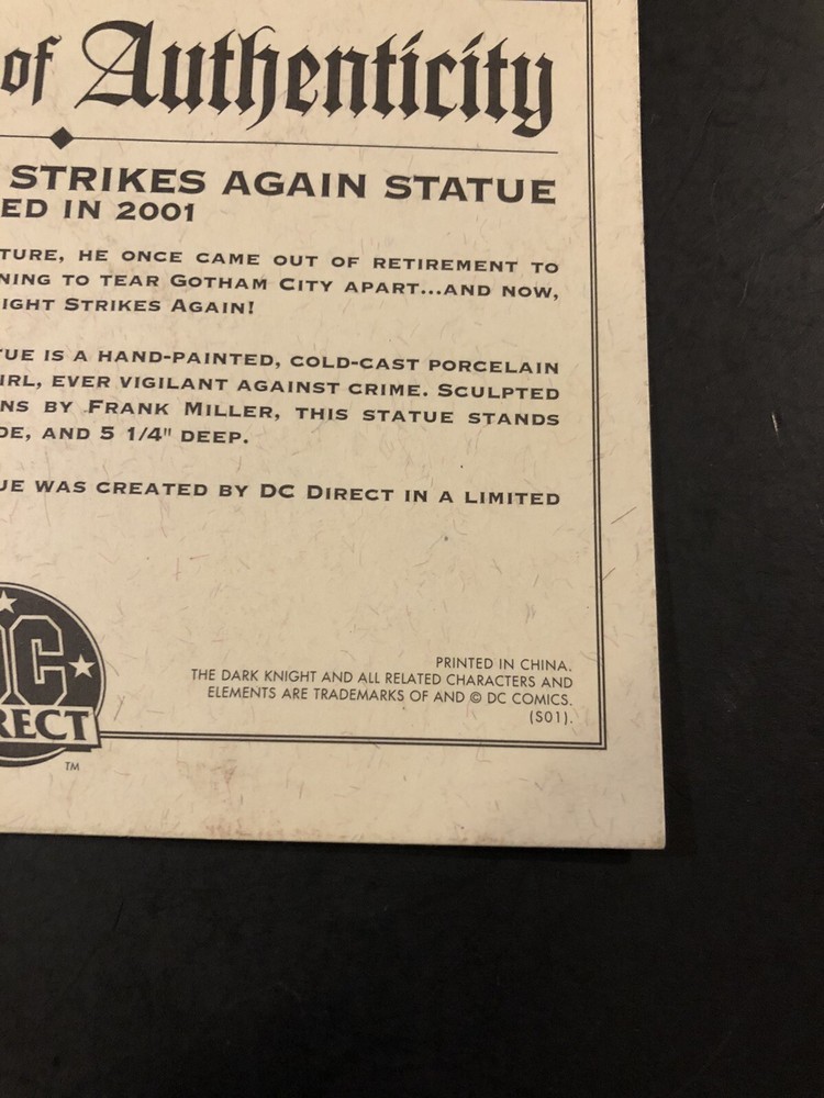 dark knight statue 2001 DC Certificate of authenticity Insert Only