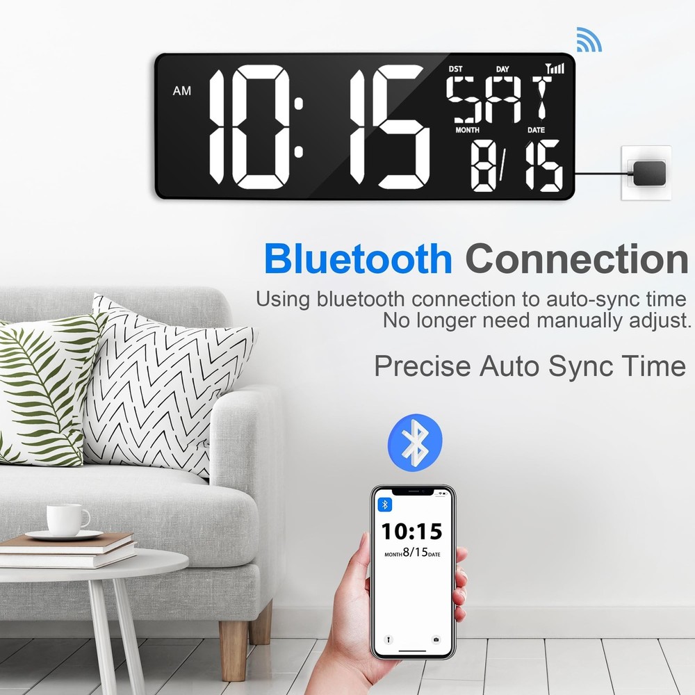 XREXS 17.2" Digital Wall Clock with Remote Control, Bluetooth Sync Time LED D...