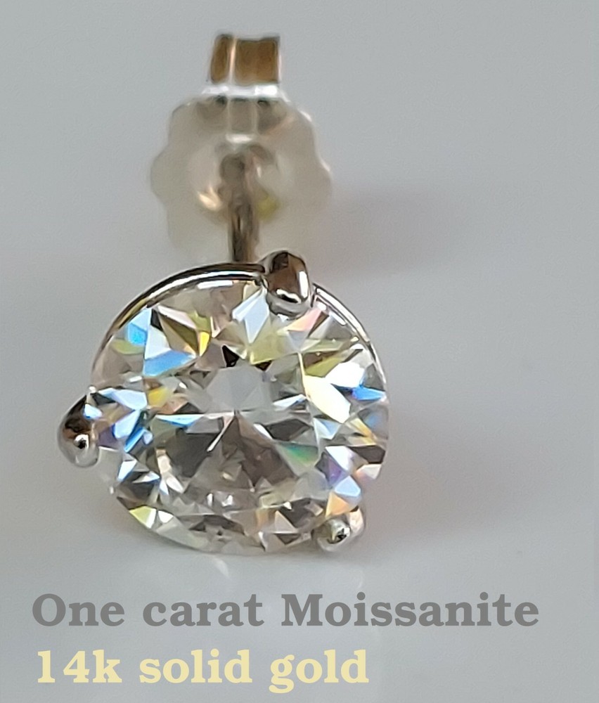 Classic 1ct Single Moissanite Stud Earring 14k solid white gold.
