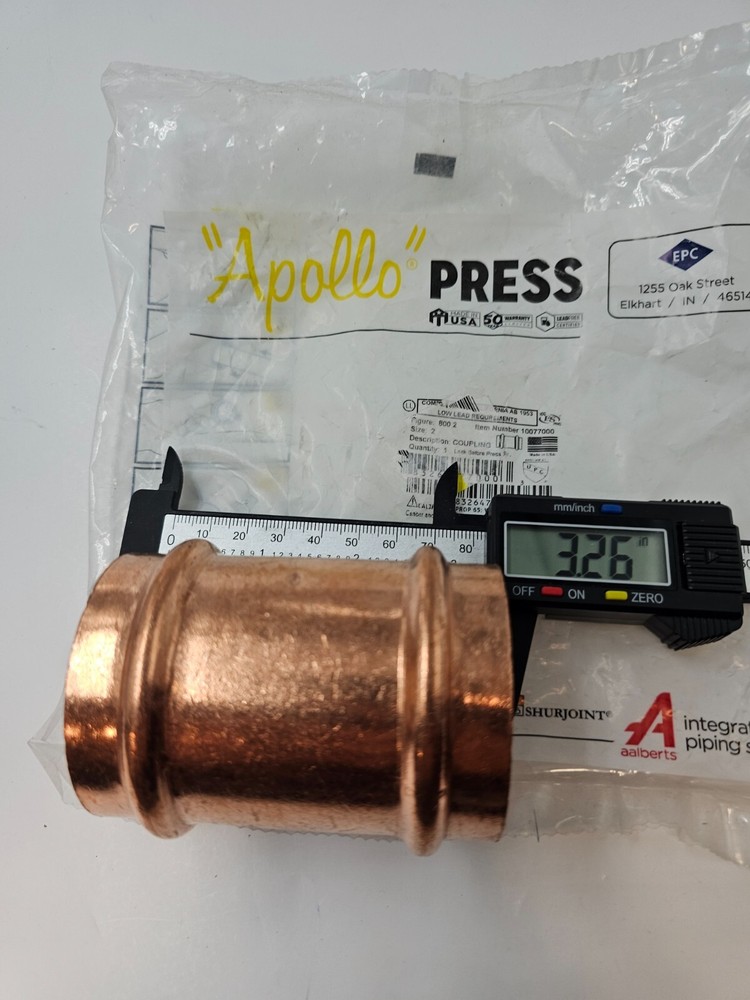 Apollo Press Straight Coupling with Stop Copper 2" x 2" 10077000 200 PSI