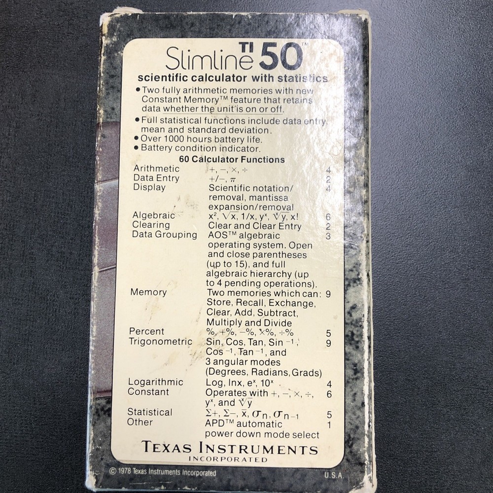 Vintage 1970s TEXAS INSTRUMENTS TI-50 ~ BOX ONLY
