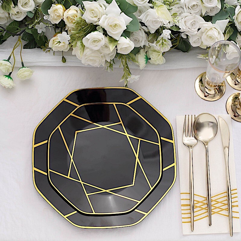 10 Octagon 10" Plastic Dinner Plates Gold Geometric Design Disposable Tableware