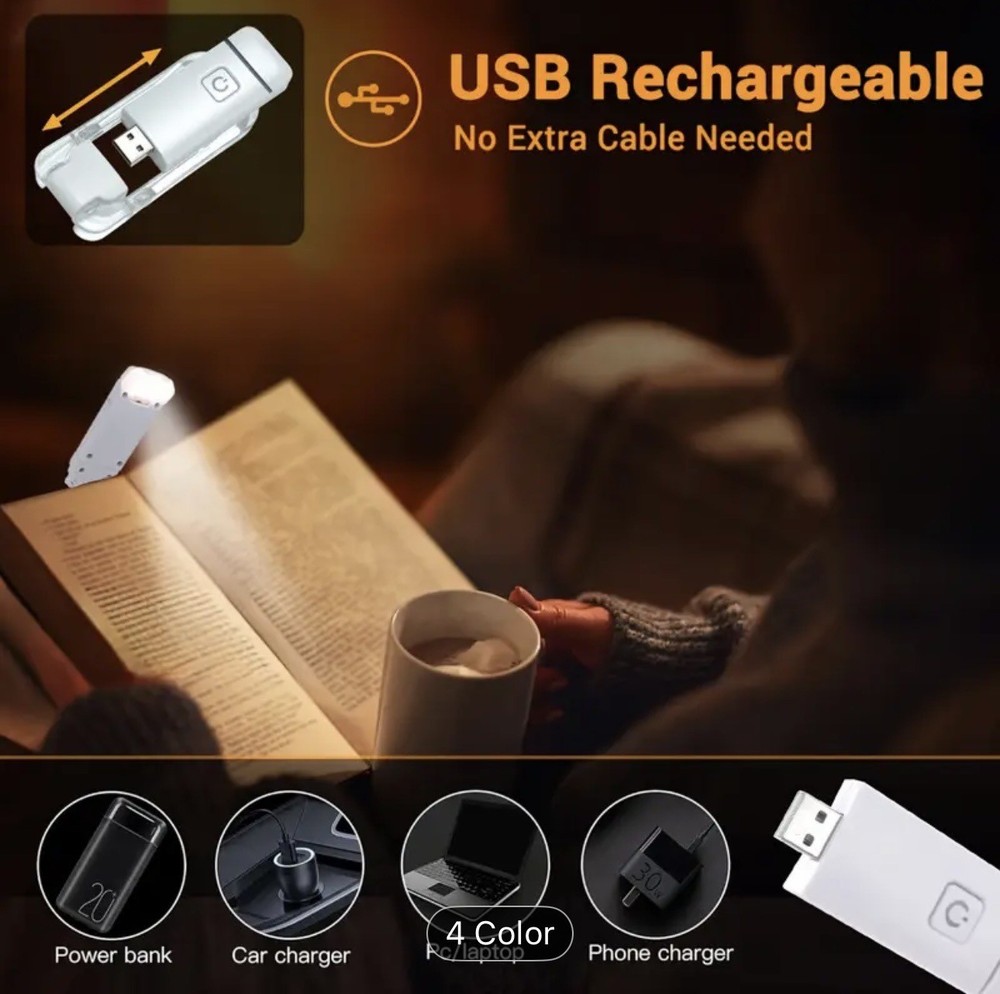 USB LED Rechargeable Folding Book Light for Reading -book Accessoy, White