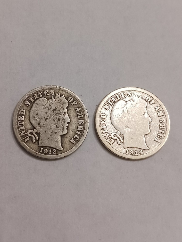Barber Silver Dimes 1913 1914 Coins