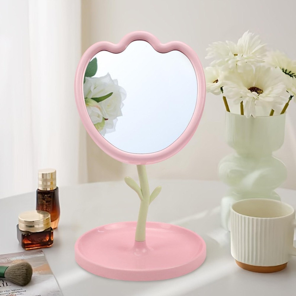Flower Shaped Desk Mirror with Tray Adjustable Angle Tabletop Vanity Makeup M...