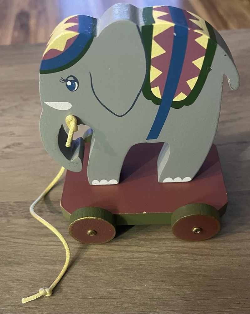 Vintage Hand-Painted Wood Elephant Pull Toy