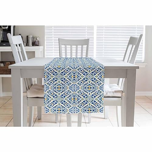 HOSNYE Table Runner Blue Ethnic Geometric Flower Pattern,Cotton pattern-B017