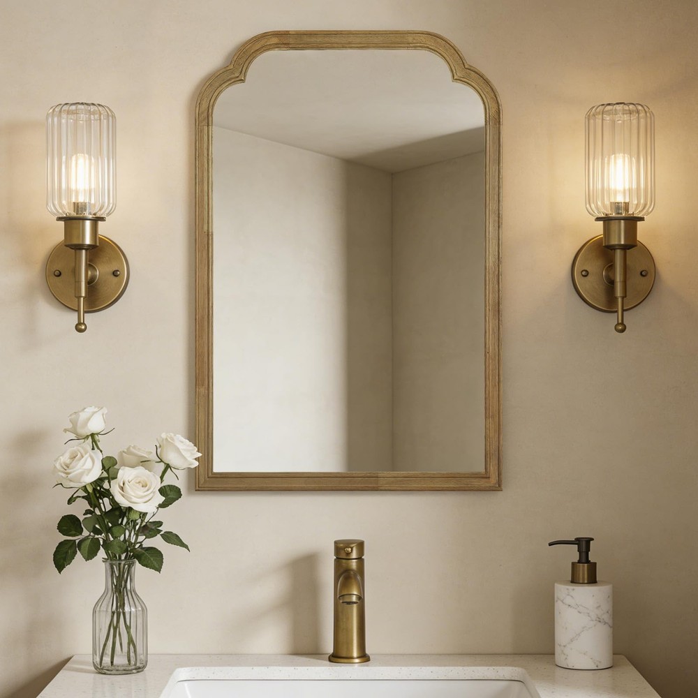 Wood Frame Wall Mirror Rounded Corner Arch Rectangle Mirror for Entryway, Liv...