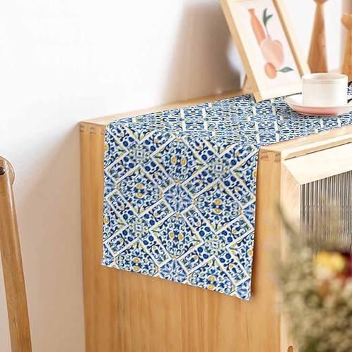 HOSNYE Table Runner Blue Ethnic Geometric Flower Pattern,Cotton pattern-B017