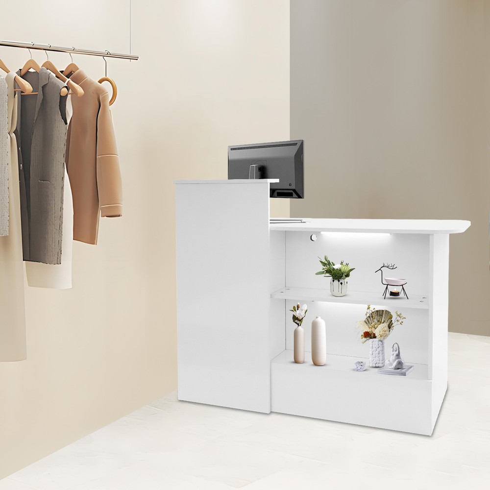 2 Lights Rectangular Reception Counter Modern Reception Desk w/ Lockable Drawer