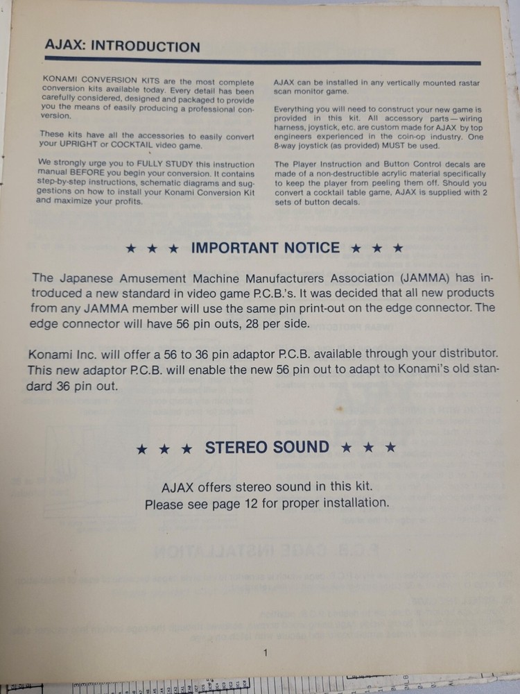 Ajax JAMMA Operator Manual and Schematic Diagrams (1987) Pre-Owned Arcade Guide
