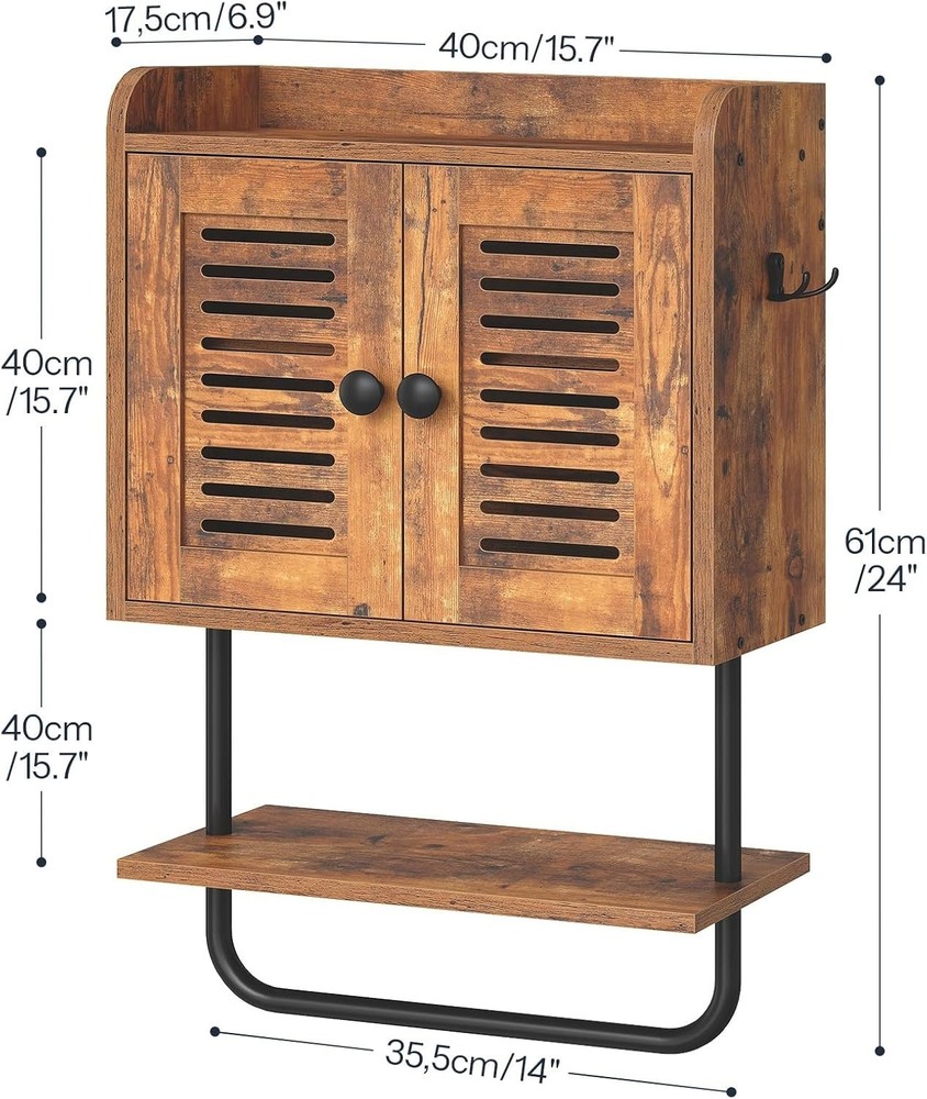 Bathroom Wall Cabinet, Double Doors Cabinet with Towel Bar, Rustic Brown