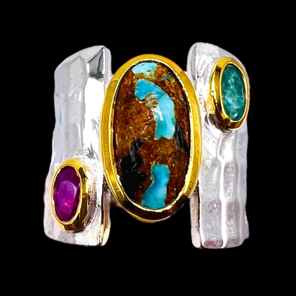 Two Tone Sterling Silver Blue Turquoise Emerald Ruby Ring Handmade -6500