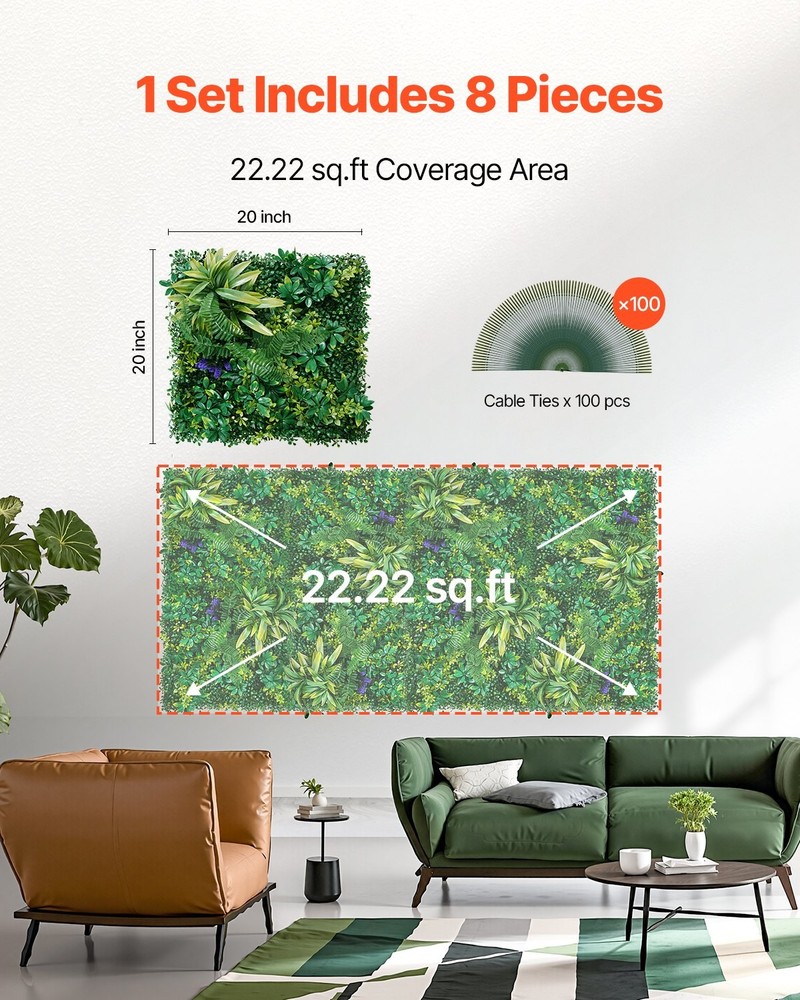 Artificial Grass Wall Panels 8 PCS 20 x 20 inch 3D Combination Greenery Bo