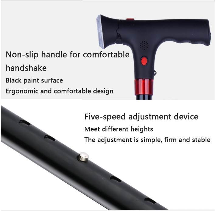 Adjustable Walking Stick Cane Folding Handle Metal With LED Light &Alarm button