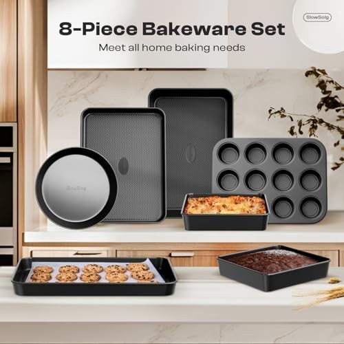 8-Piece Nonstick Bakeware Set - Stackable Oven Pans, Cake, Muffin, Cookie & Roas