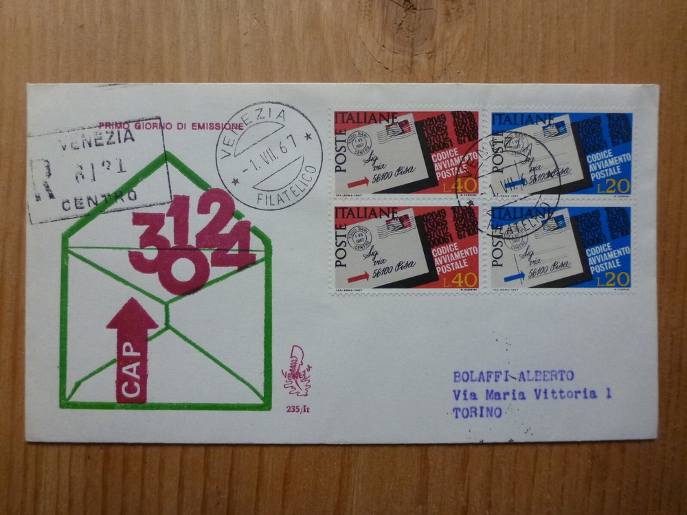 ITALY 1967 INTRODUCTION OF POSTCODES Blk 4 STAMPS REG. FDC