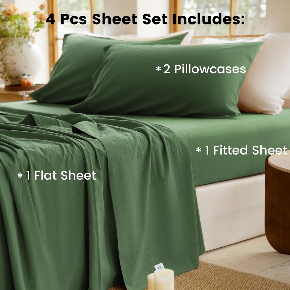 100% Washed Cotton Sheet Set Queen Size 4 Pieces Soft Breathable Durable Chic...