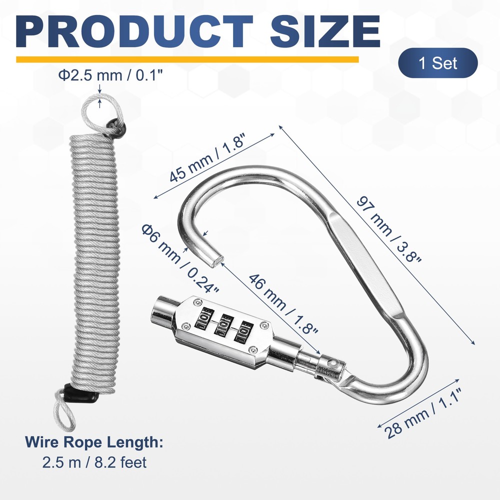 8.2Ft Security Cable Lock Steel Safety Cable with 3.8" Combination Lock Silver