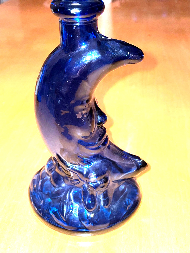 Vintage Crescent Moon Face cherub flashed Cobalt Blue Glass