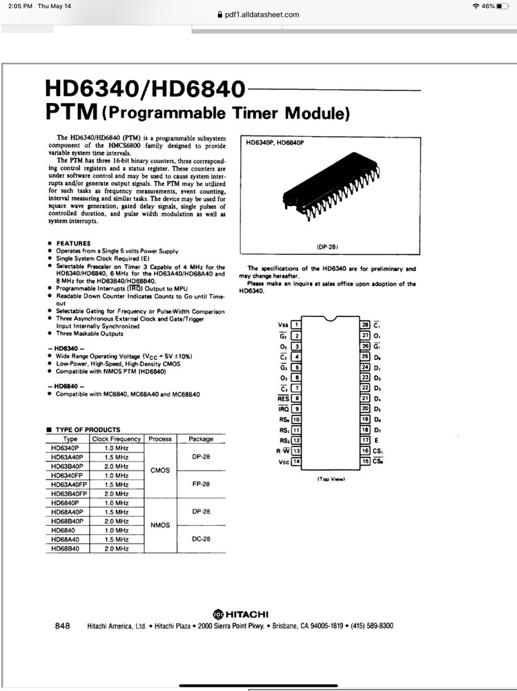 HD63B40P PTM Programmable Timer Module 28 DIP