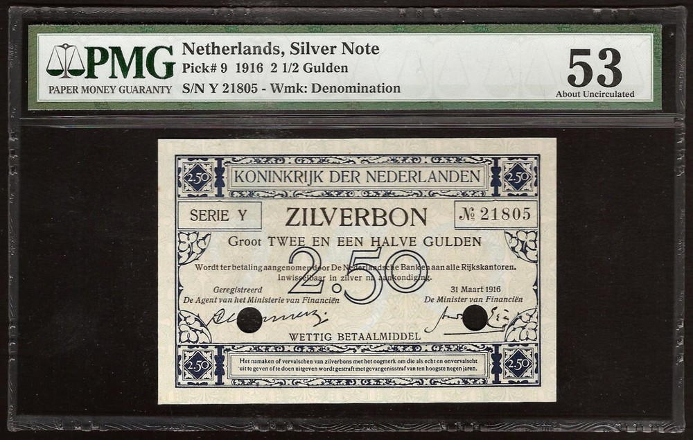 NETHERLANDS  2,5 Gulden  1916  P:9  aUNC (53 PMG)