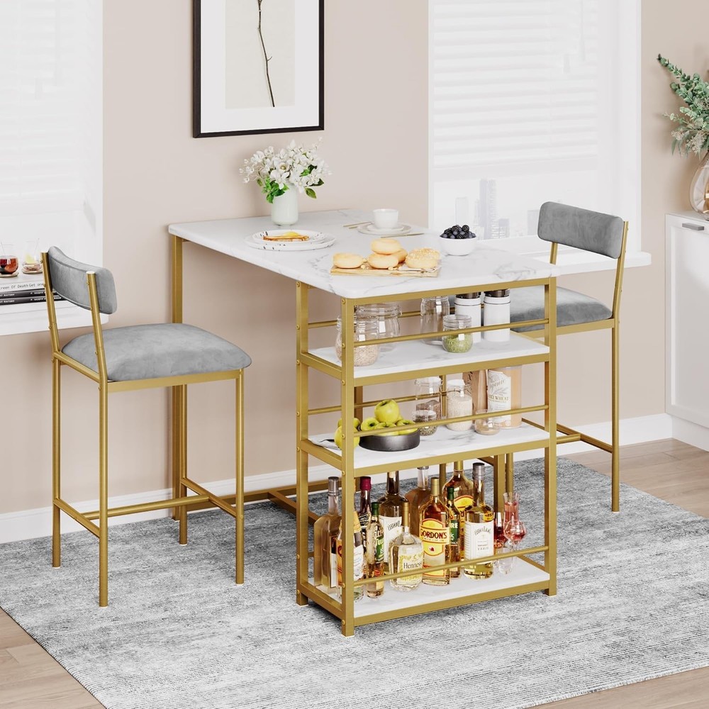 Dining Table Set 2 Counter Height Kitchen Table W/ 2 Upholstered Bar Stools