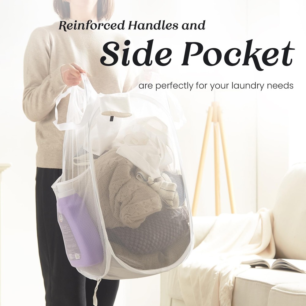 Collapsible Mesh Pop Up Laundry Hamper with Sturdy Handles and Side Pocket - ...