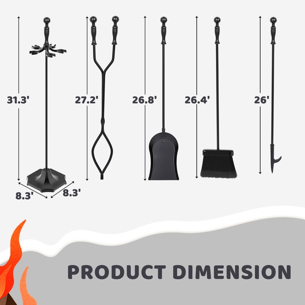 5 Pieces 31In Fireplace Tools Set, Wrought Iron Fireplace Tools with Ergonomi...