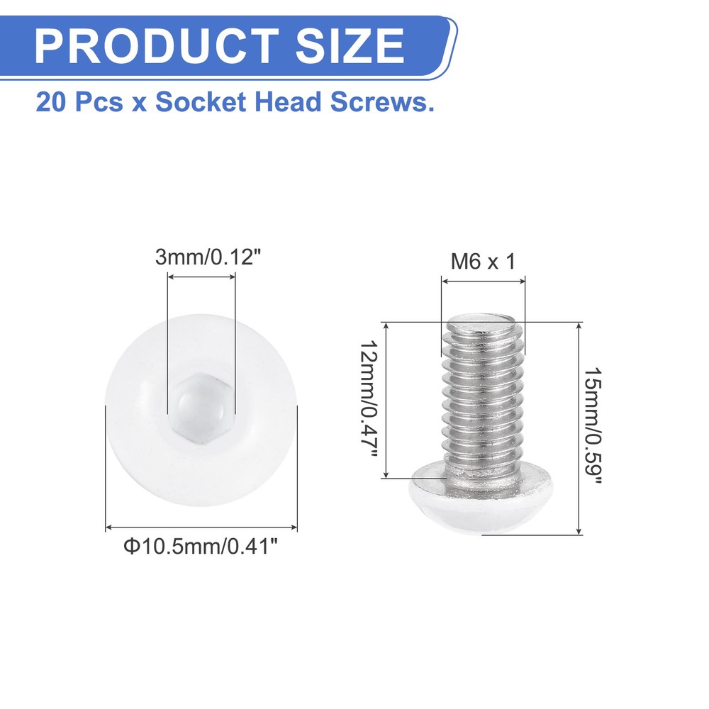 20 Pcs M6-1 x 12mm Button Head Socket Cap Screw Machine Screw, White