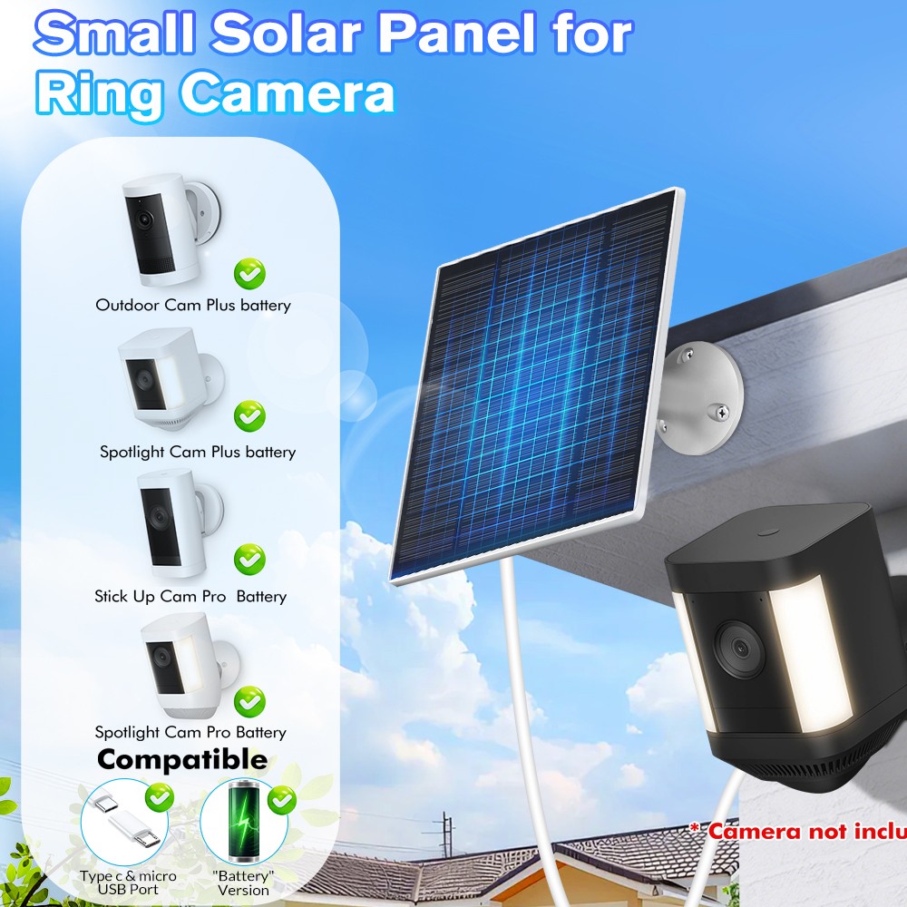 Solar Panel for Security Camera, 2 Pack 5W Solar Charger with Micro USB & USB-C