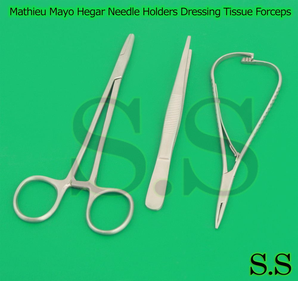 3x Periosteal Elevator Mathieu Mayo Hegar Needle Holders Dressing Tissue Forceps