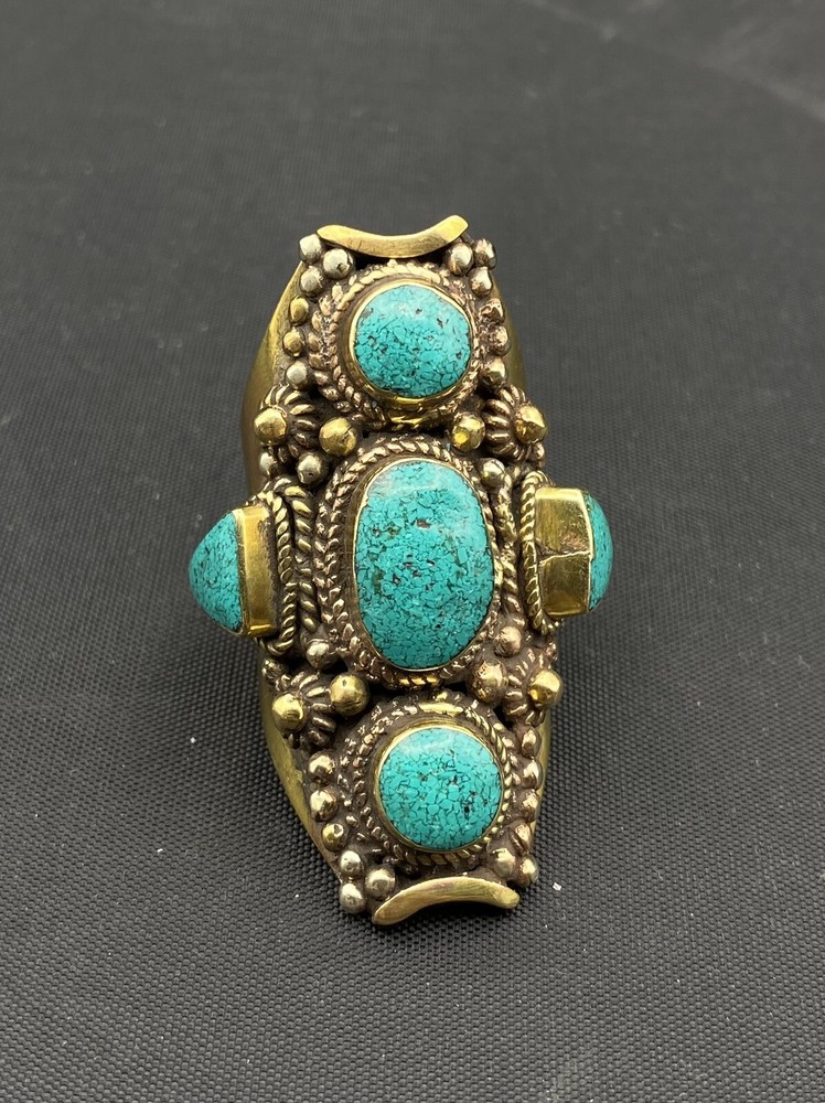 Unique Long Turquoise Ring in brass