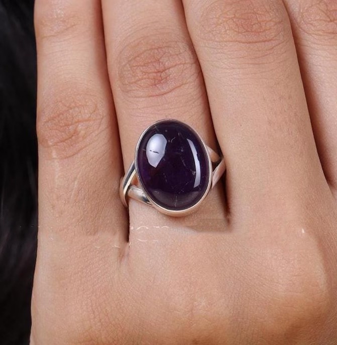 Solid 925 Sterling Silver Natural Amethyst Oval Gemstone Statement Handmade Ring