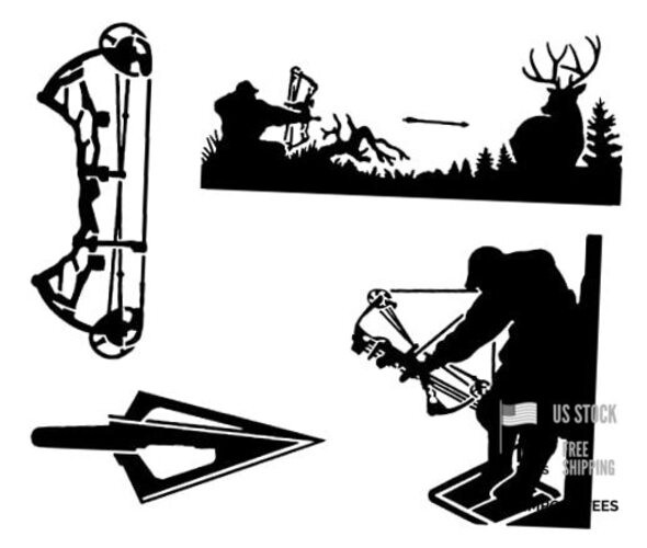 Bow Hunting Decal 4 Pack: Compound Bow, Tree Stand, Arrow Head, Large ~5" Black