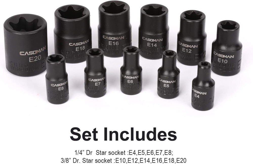 Juego De 11 Piezas De Enchufes Torx E Female Con Riel E4 A E20
