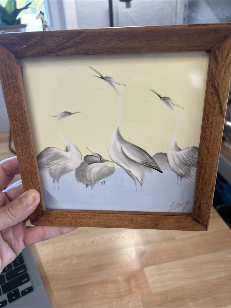 Vintage Art Tile Framed Signed Hand-Painted Cranes
