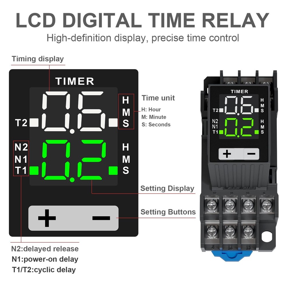 LCD Digital Display Time Delay Relay, Dual Time with Plug-in Terminal Socket,...