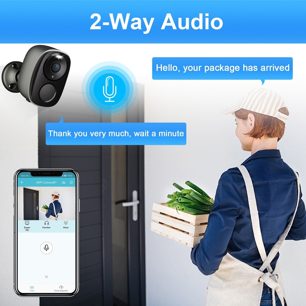 Solar Battery Powered Wireless Security Camera Wifi 3MP 2-Way Audio Surveillance