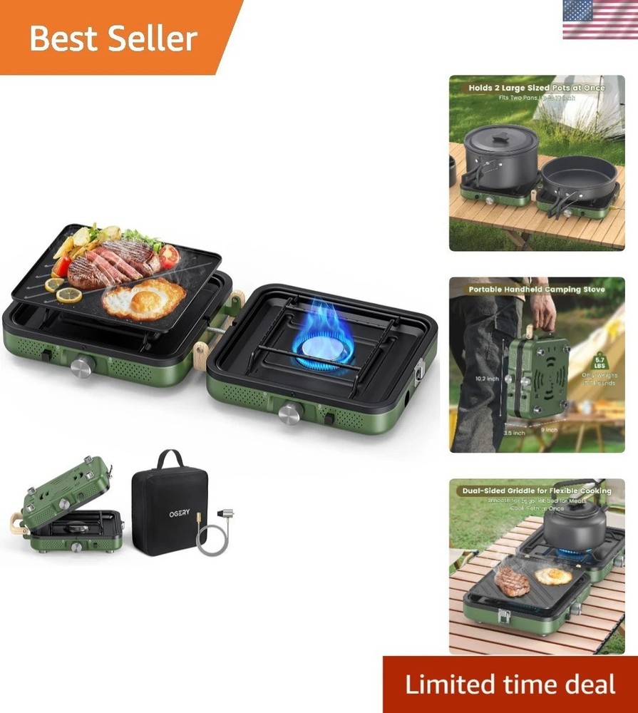 Versatile 2-Burner Foldable Camping Stove with Dual Griddle – Compact & Portable