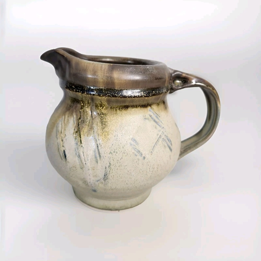 Artisan Studio Handmade Stoneware Pottery Brutalist Signed Pitcher